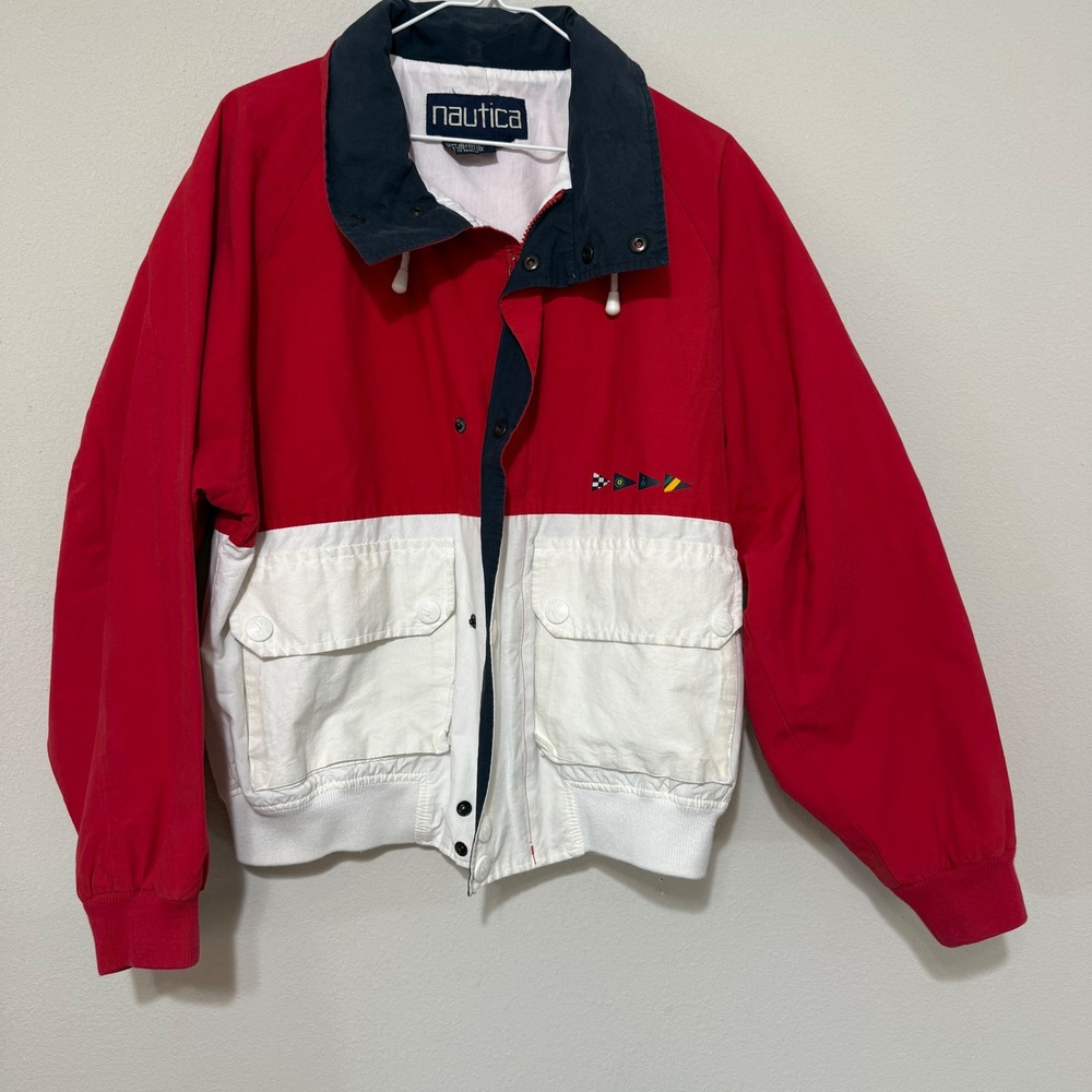 Nautica Sailing Jacket Mens Medium Red White Blue Colorblock Vintage Windbreaker